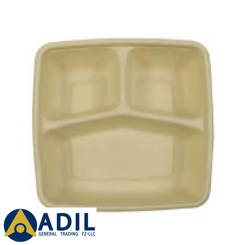 Bagasse Container 3 Compartment 1000ML Pet Lid 1X300 Pieces - Adil Trader