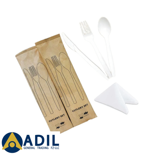 PLA White Cutlery Set Fork Spoon Knife With Napkin